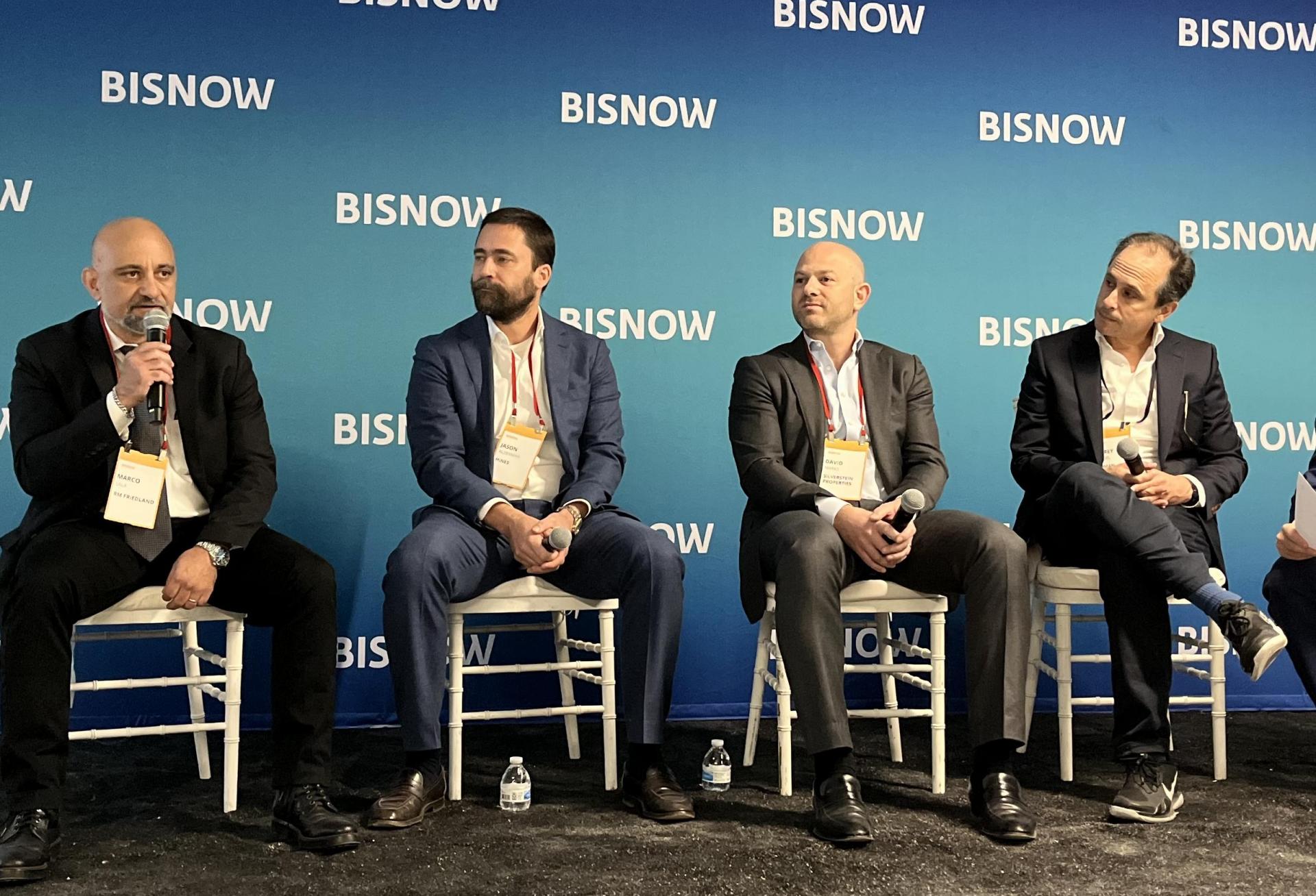 RM Friedland's Marco Lala, Hines' Jason Alderman, Silverstein Properties' David Marks and Tishman Speyer's Jeffrey Mandel onstage at Bisnow's 2023 New York City State of the Market event.
