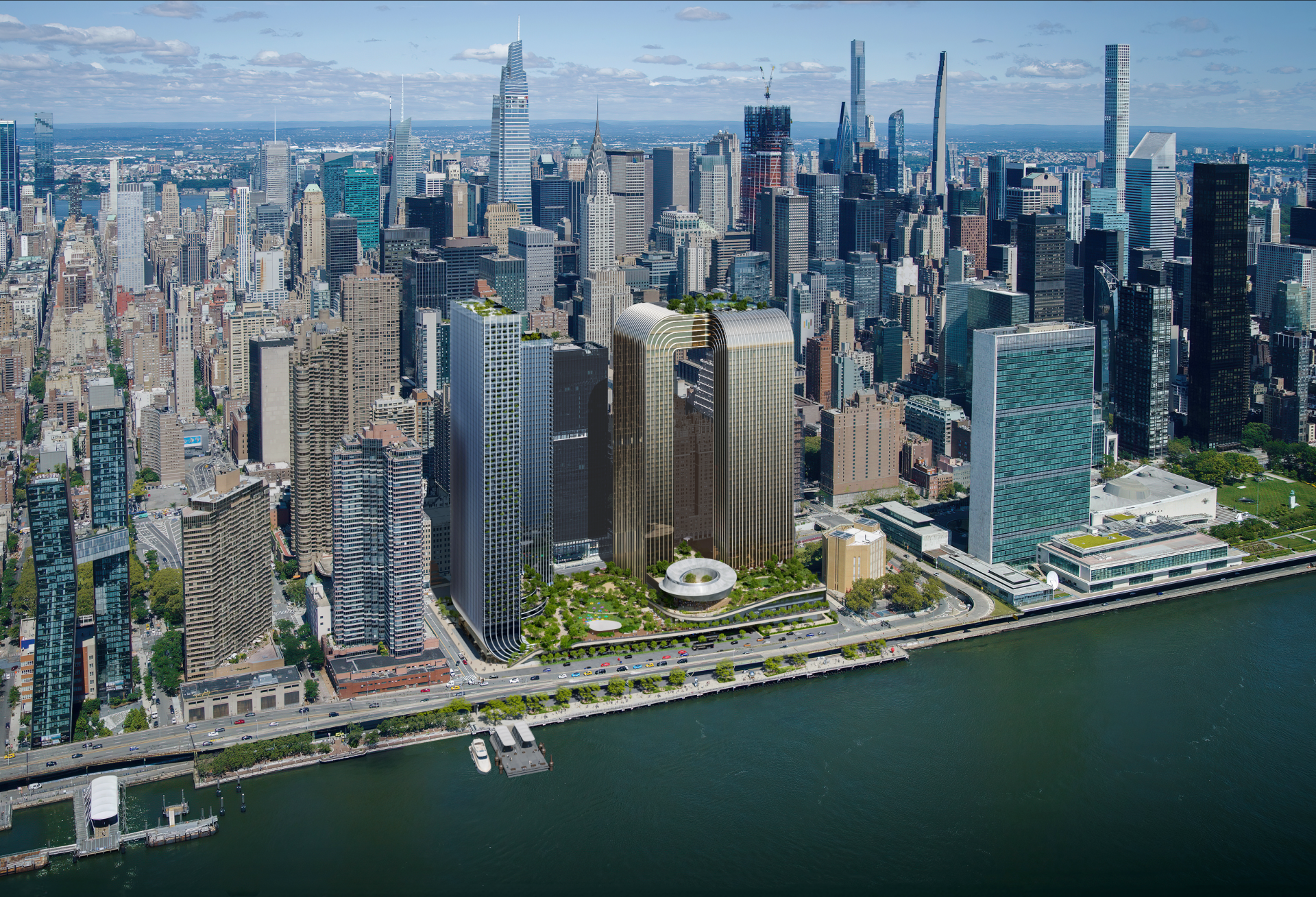 A rendering of The Soloviev Group's Freedom Plaza casino proposal, with a partially underground casino, public space and two residential towers among other features.
