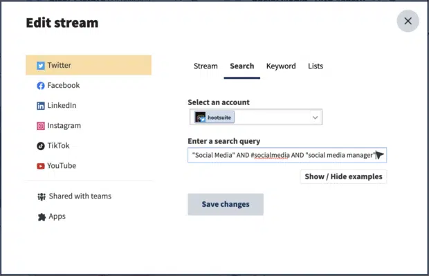 Hootsuite Streams select account and edit stream on Twitter