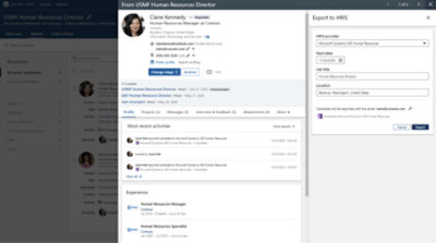 Screenshot di un profilo LinkedIn di Claire Kennedy, che mostra il suo ruolo di responsabile delle risorse umane presso Contoso, con esperienza