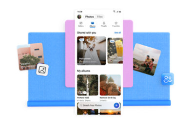 Um smartphone que apresenta uma galeria com um fundo azul e várias fotografias, incluindo cenários exteriores e pessoas. 