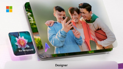 Três adolescentes a sorrirem para um smartphone, com a interface de uma ferramenta gráfica de um designer apresentada por baixo.