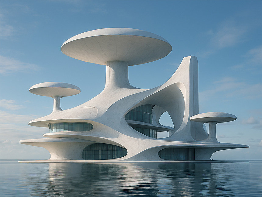 A hyper-realistic photograph of a futuristic sci-fi building with modern white architecture and suspended structures, surreal material