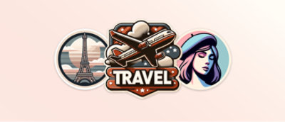 Ilustração com a Torre Eiffel e um avião com a palavra "Viagem," e uma mulher com uma boina.
