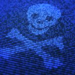 A stylized skull and crossbones made out of ones and zeroes.