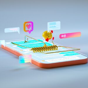 Digital generated image of abstract smartphone stylized as mousetrap surrounded by multicoloured social message chat icons.