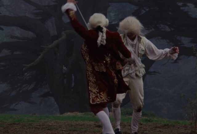 two 18th century aristocrats trying to duel with swords while drunk