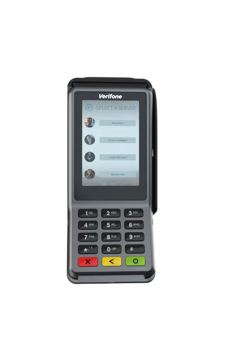 Verifone payment terminal screen displaying a user selection menu with four user names and profile pictures, above a numeric keypad with colored cancel, back, and enter buttons.