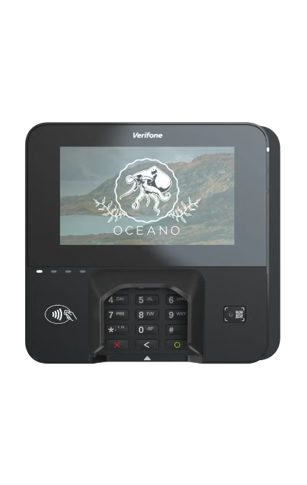 Verifone payment terminal with touchscreen displaying an ocean-themed logo showing a seahorse and the word 'OCEANO'.