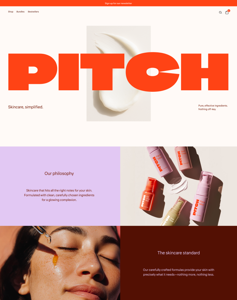 Predogled Pitch, teme Horizon z drznimi postavitvami in svetlimi vizualnimi elementi, popolne za lepoto, nego kože, modo ali katero koli edinstveno blagovno znamko, ki želi izstopati.