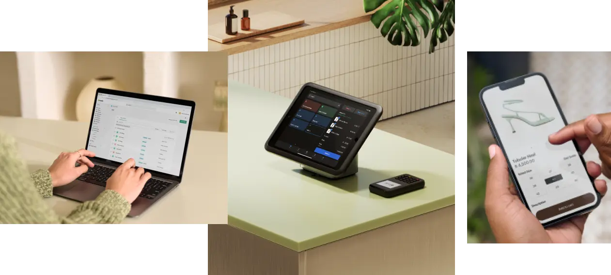 Image collage. First image: Close up on a sales associate using a laptop viewed from the perspective of the associate. On the laptop screen is the Shopify admin where the associate is viewing the staff management page. Second image: A tablet running Shopify POS software mounted on a tablet stand sitting on a sales counter. Third image: Close up on a shopper holding a smartphone browsing a retailer's website. On the screen is a product details page for a high heel sandal. At the bottom of the page is a prominent button with the following text: "Add to cart."