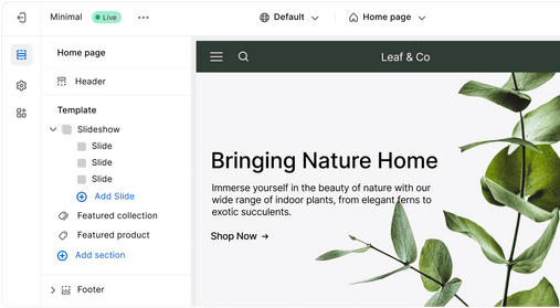 A website landing page opened in a store builder UI.