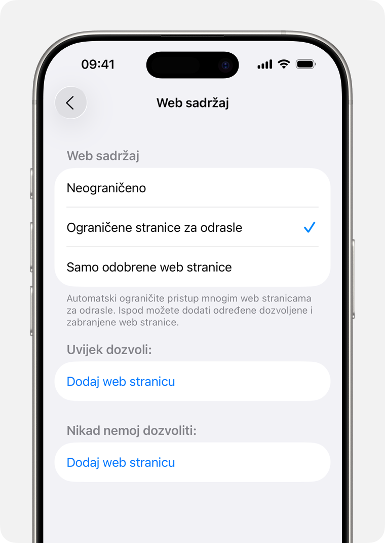 Zaslon iPhone uređaja s opcijama roditeljskih kontrola za ograničavanje web-sadržaja. 