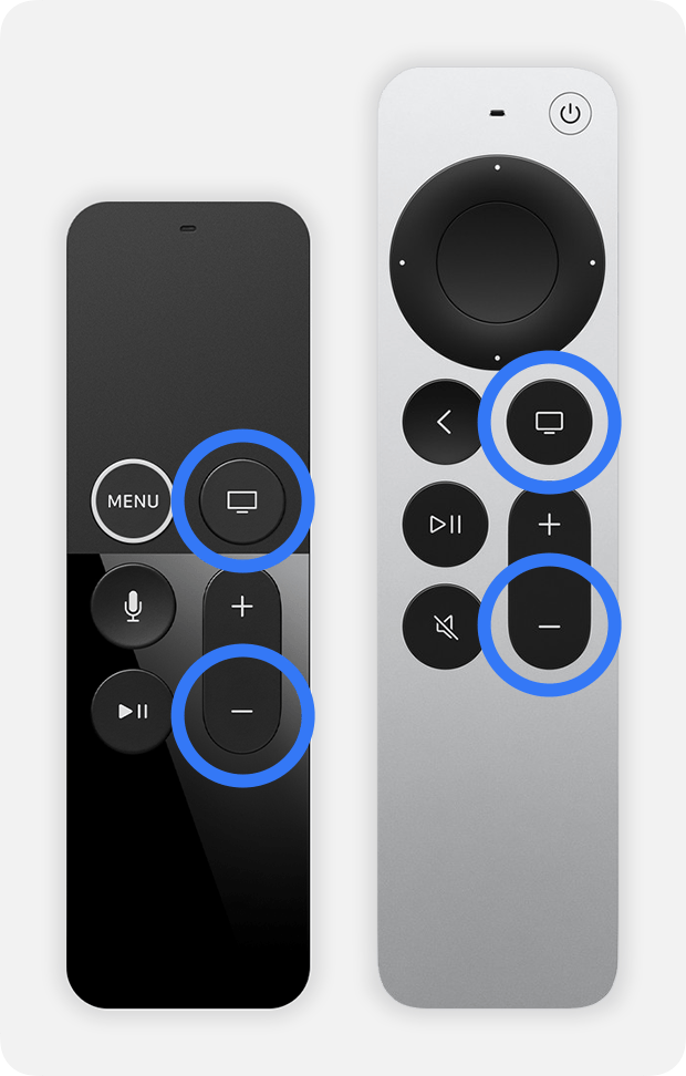 Mandos a distancia del Apple TV con el botón TV/Centro de control y el botón para Bajar volumen resaltados en azul.