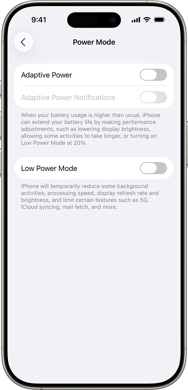 An iPhone on the Power Mode screen. Choose Adaptive Power or Low Power Mode.