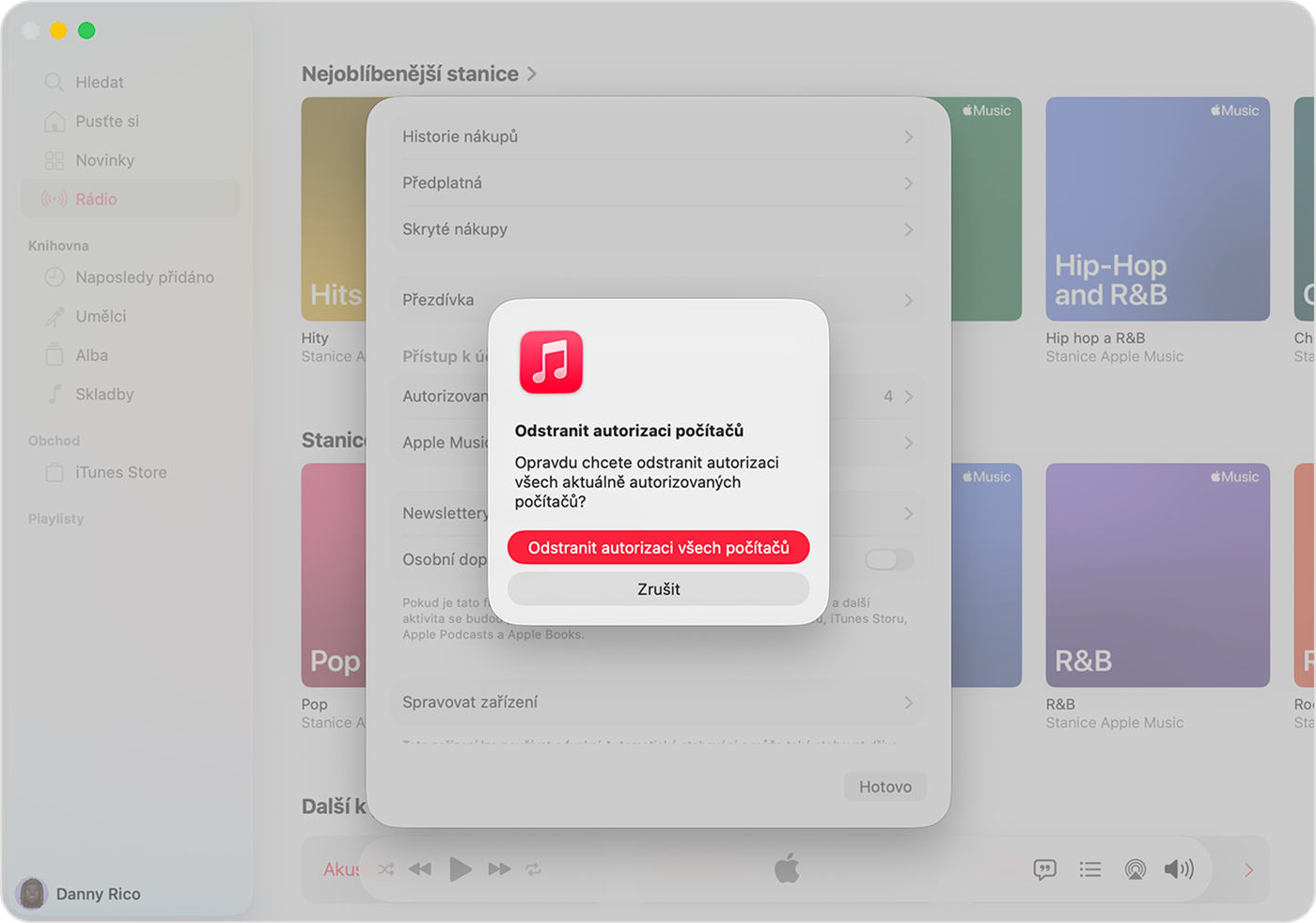 Aplikace Apple Music na Macu zobrazuje stránku s informacemi o účtu a tlačítko Deauthorize All.