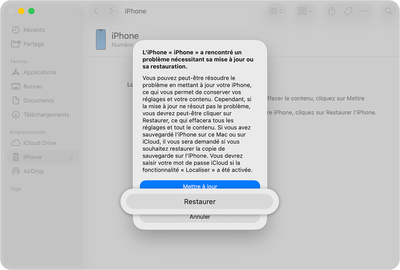 Après avoir connecté votre iPhone à votre ordinateur, touchez Restaurer lorsque l’option s’affiche.