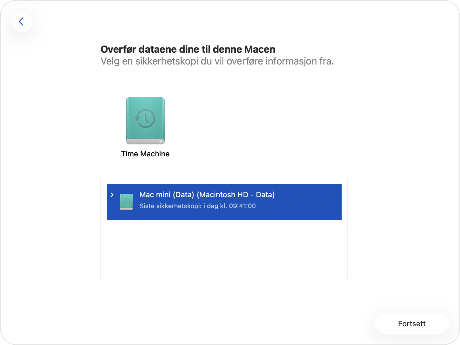 Overføringsassistent som viser sikkerhetskopiene til en Mac på den valgte Time Machine-disken.