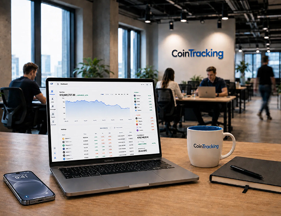 CoinTracking dashboard on a laptop in a modern office