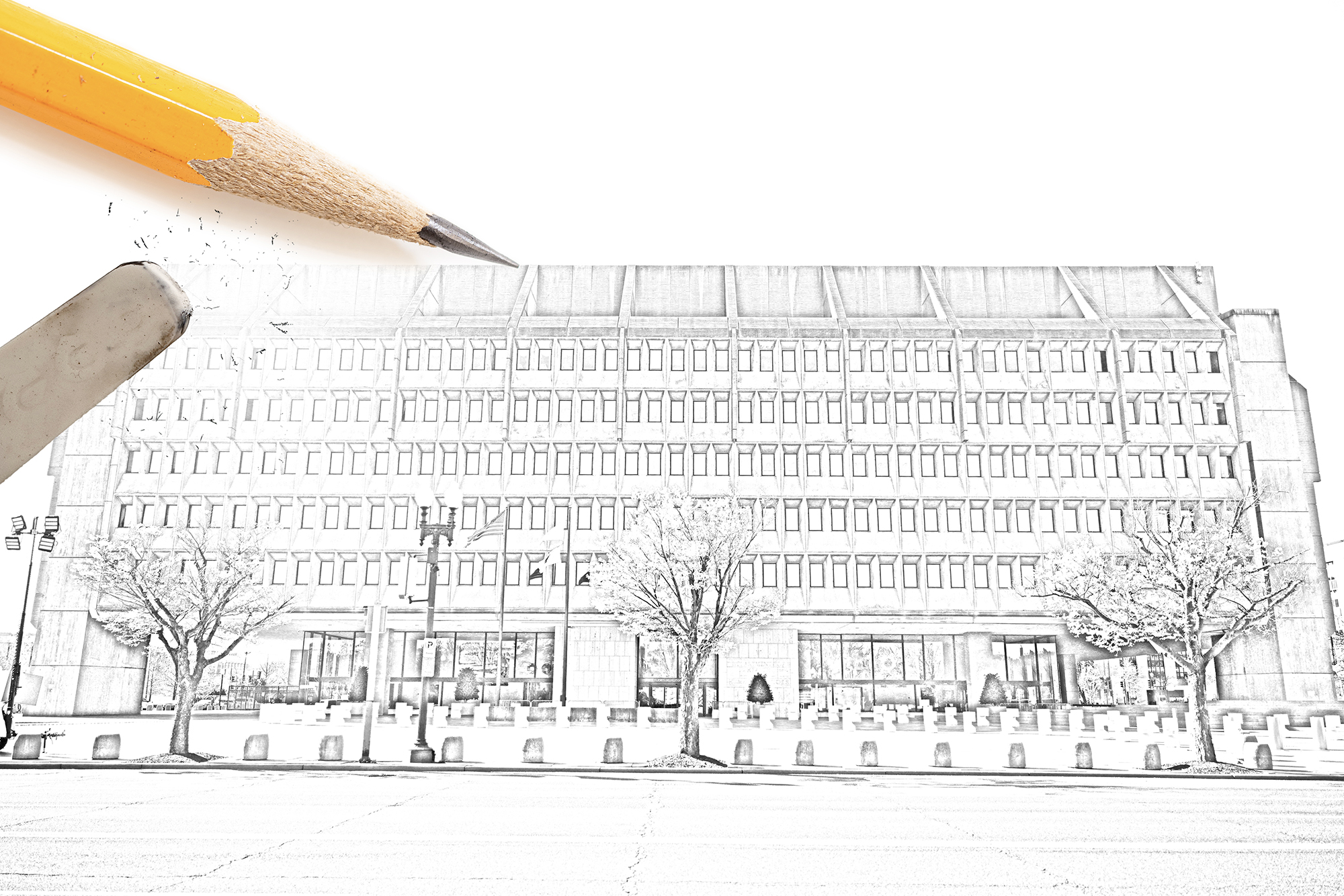 A pencil and eraser on a sketch of the Health and Human Services Building in Washington, D.C.