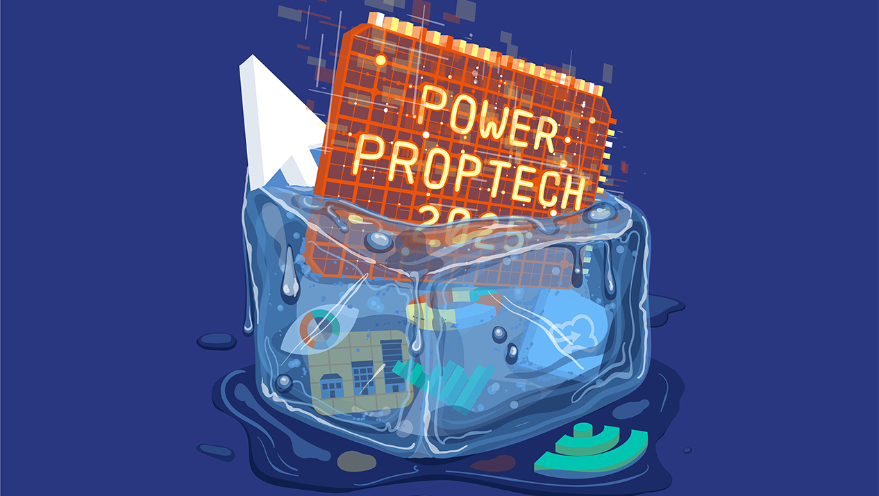 An illustratin of a computer chip and other tech icons inside a melting ice cube.