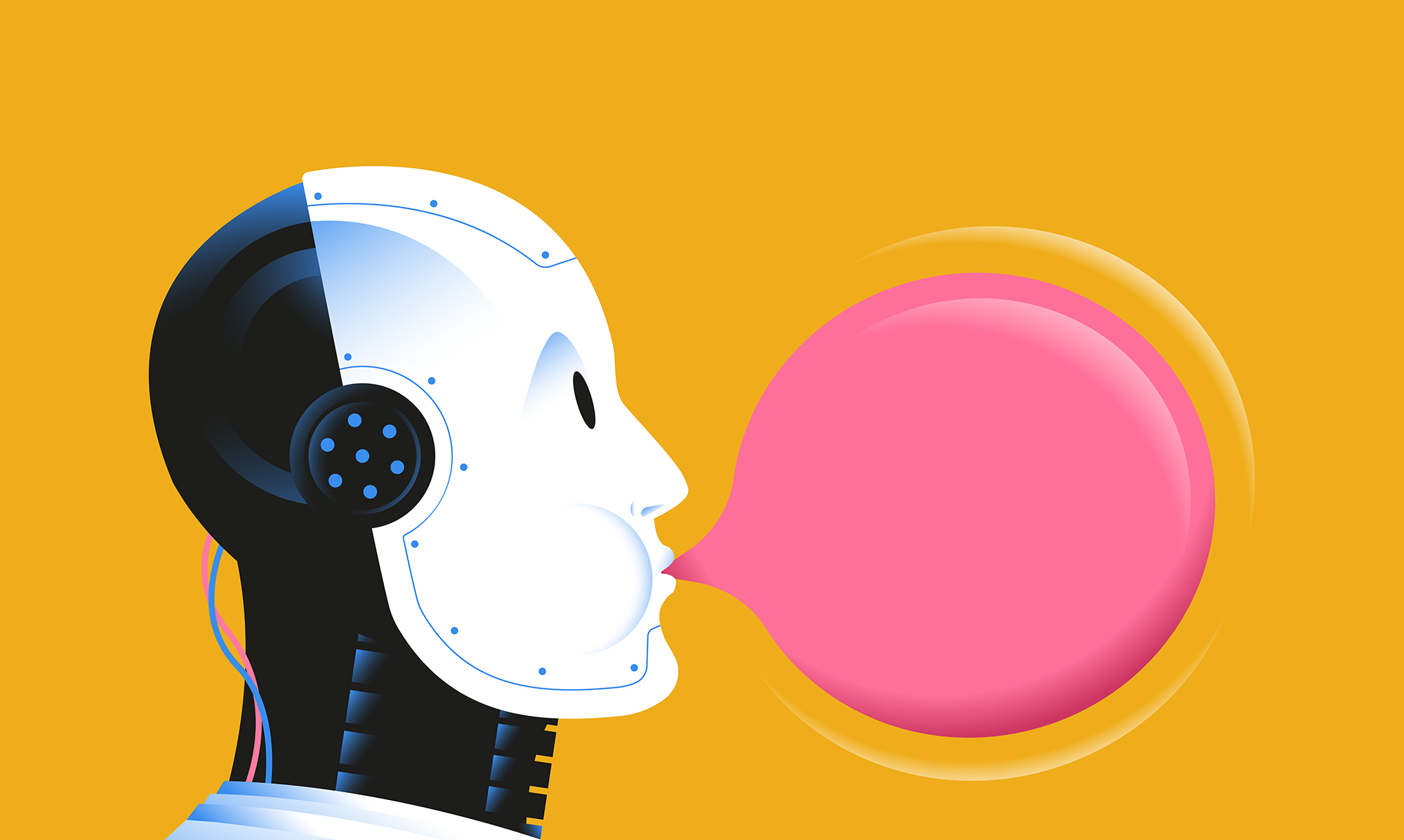 An illustration of a robot blowing a bubble with bubble gum.