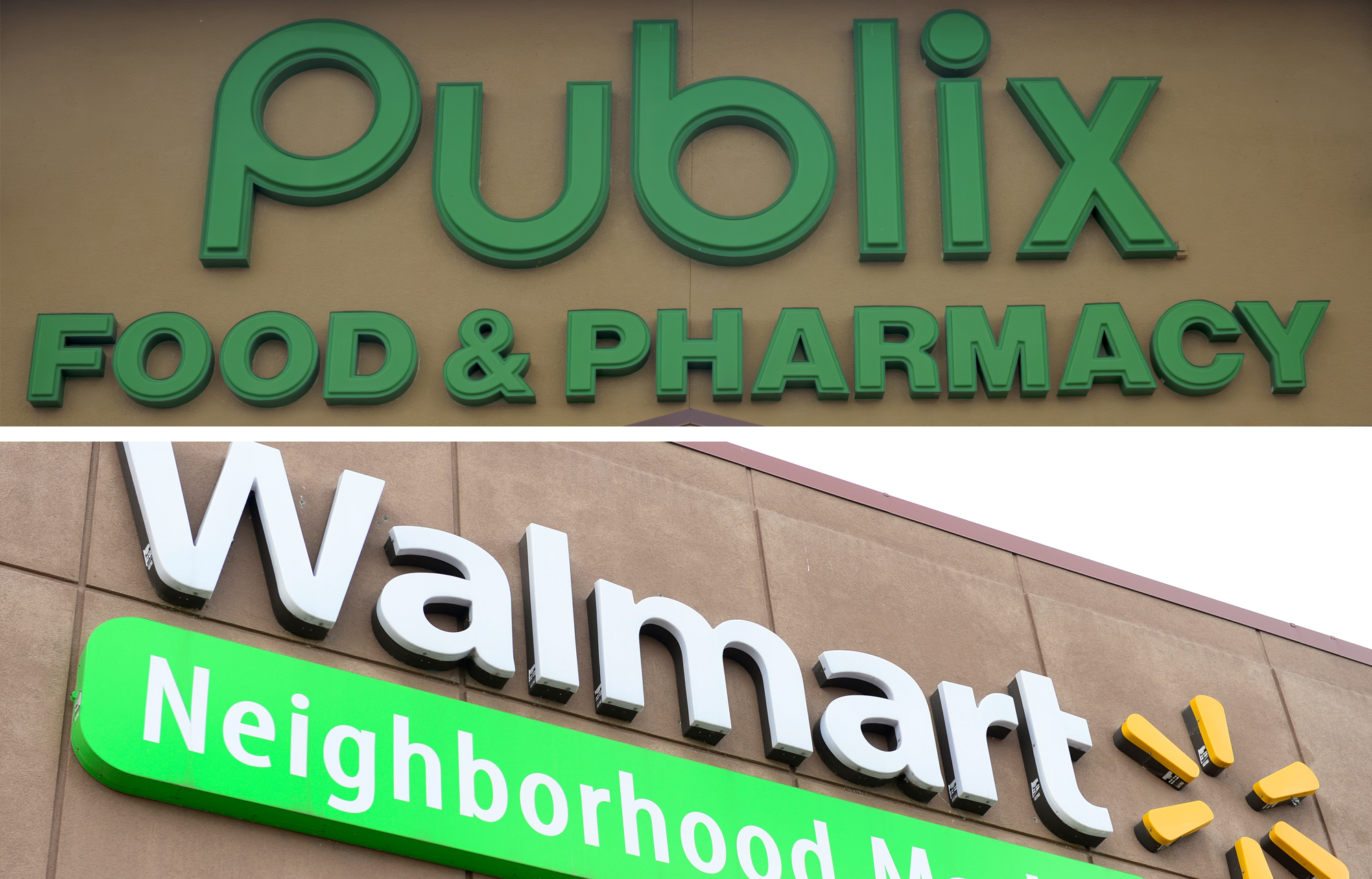 Signs at a Publix and a Walmart Neighborhood Market.