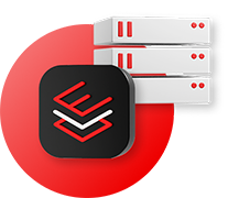 A Red Hat Enterprise Linux icon in a 3d square with rounded corners sits on top of a red circle with a server stack off to the side.