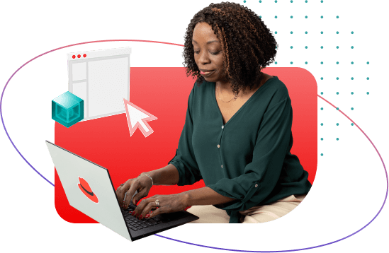 Collage of woman working on a computer with a red background and virtual windows with a computer mouse and a cube.