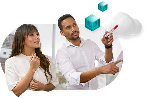Two people working closely, collaborating at a whiteboard while cubes and clouds float over head..