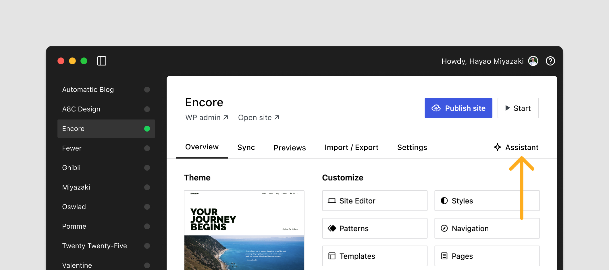 A screenshot of the Studio app with an orange arrows pointing to Studio Assistant tab.