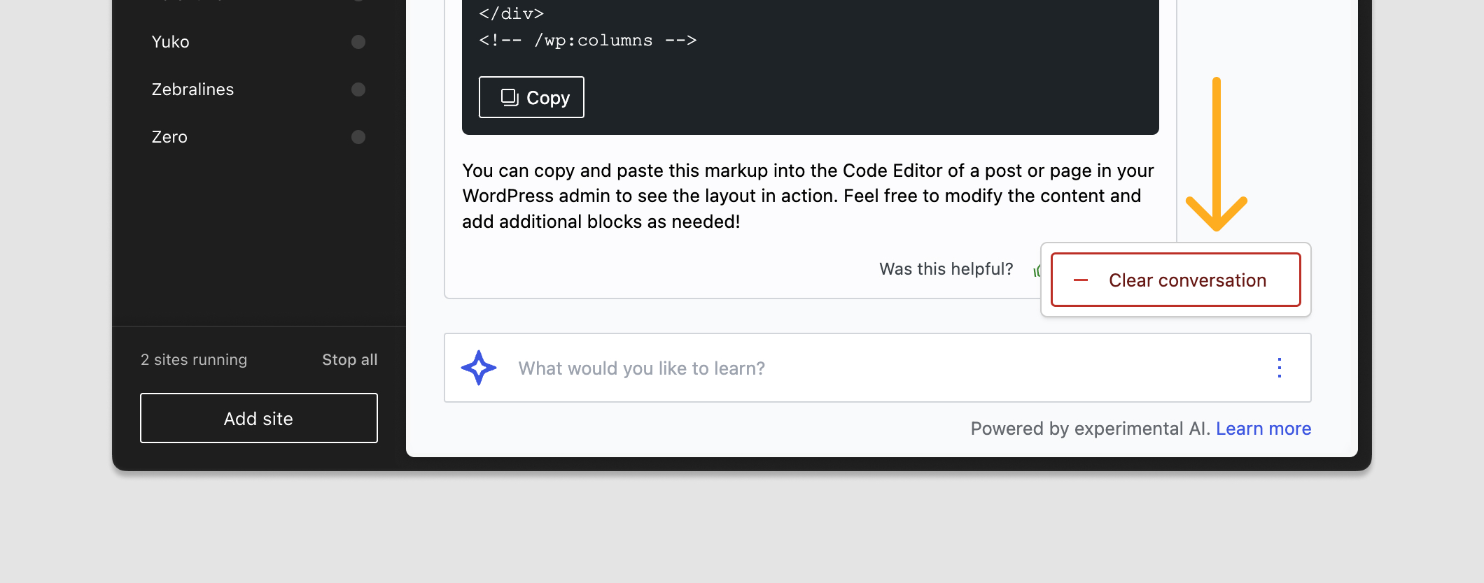 A screenshot of the Studio Assistant with an orange arrows pointing to the button that clears the conversation.