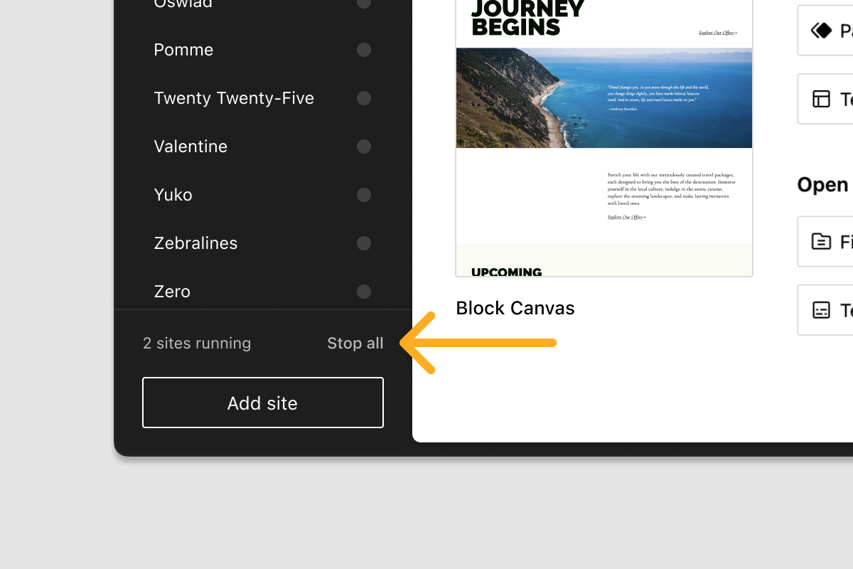 A screenshot depicting the Studio app and button in the site list sidebar that allows stop all sites at once.