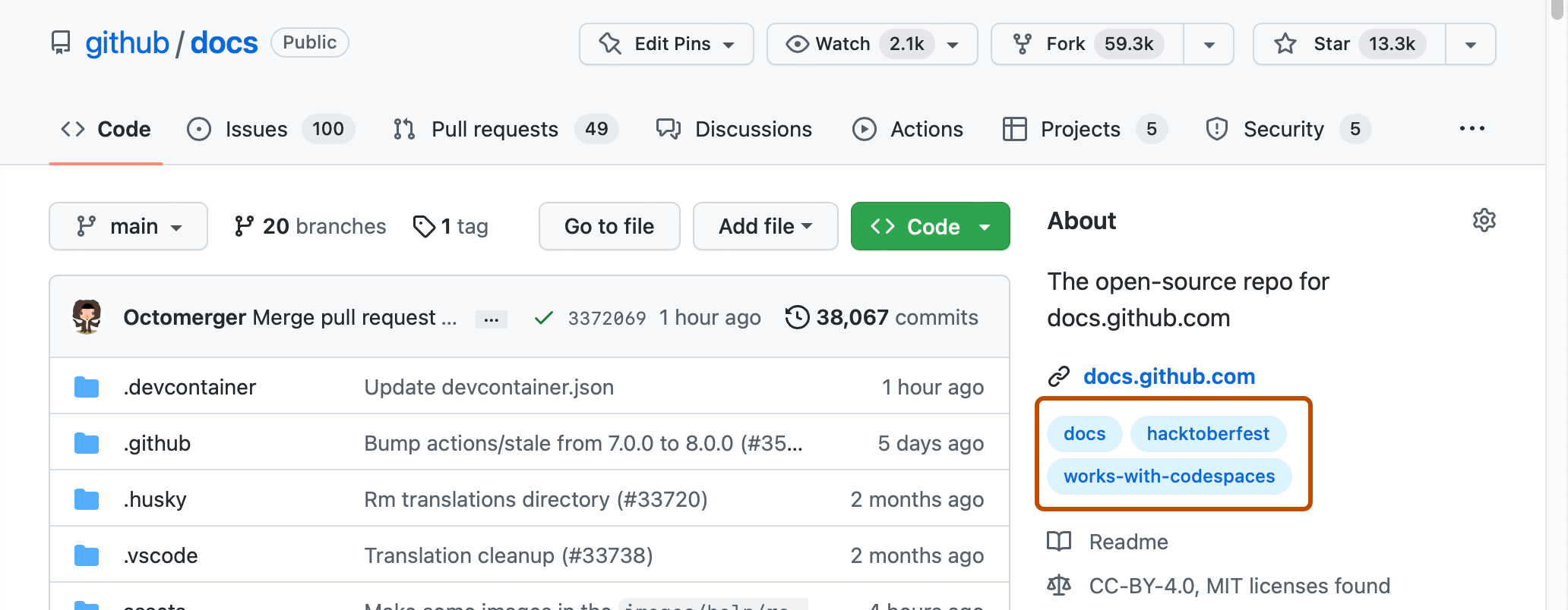 Captura de pantalla del repositorio github/docs. En la barra lateral, hay tres temas resaltados en naranja: "docs", "hacktoberfest" y "works-with-codespaces".