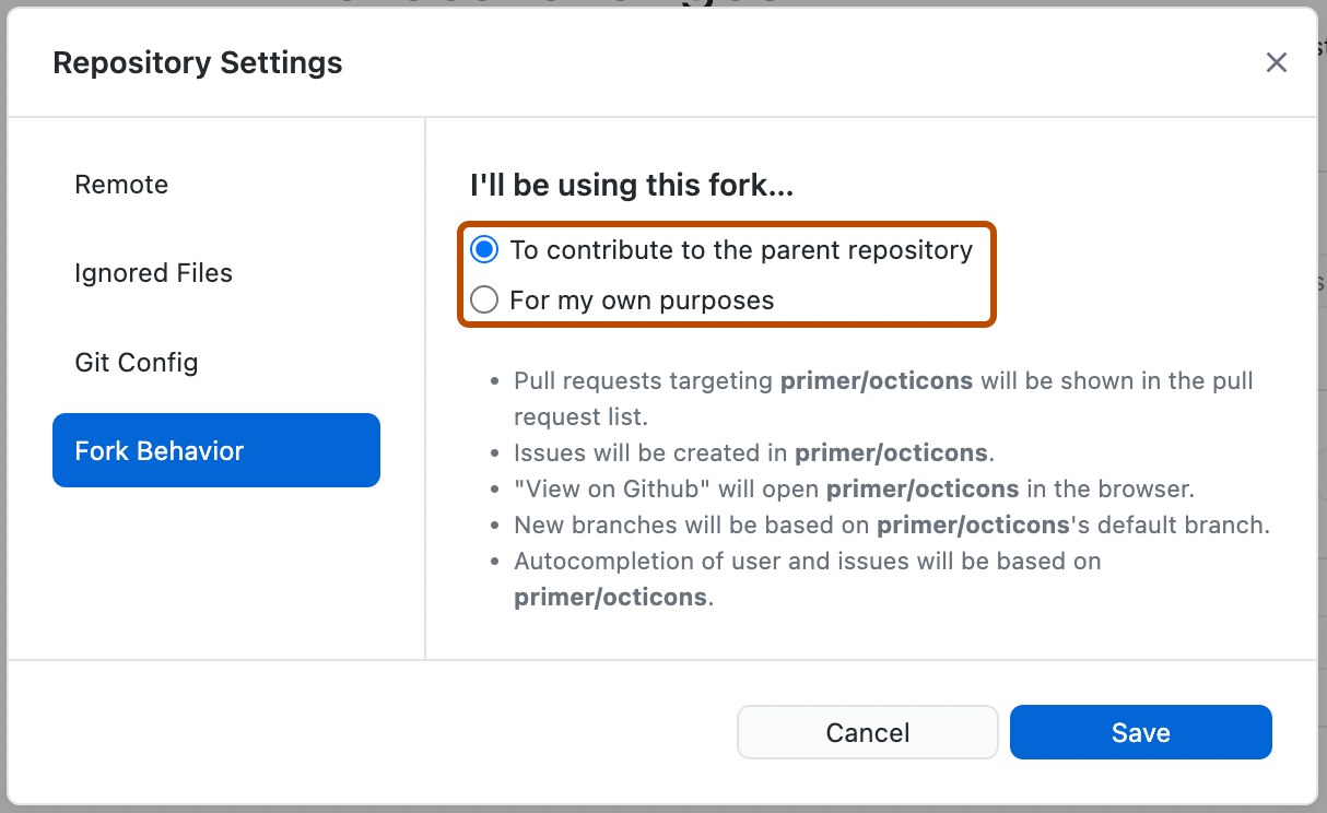 "포크 동작" 창의 스크린샷 "To contribute to the parent repository" 및 "For my own purposes" 라디오 단추 2개가 주황색 윤곽선으로 표시됩니다.