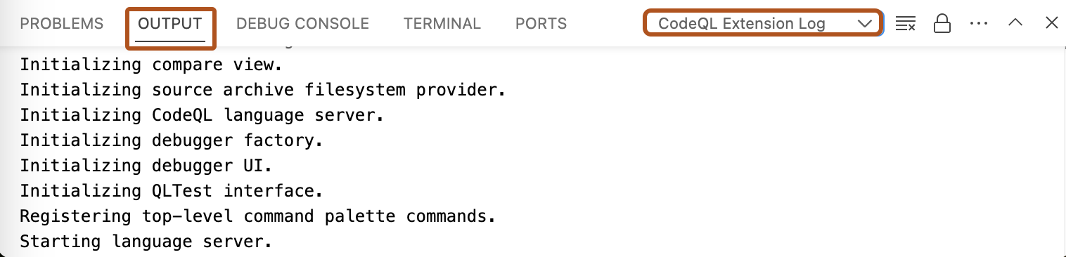Screenshot des Fensters „Ausgabe“ in VS Code (wie in dunkelorange hervorgehoben). Das Dropdown wird ebenfalls hervorgehoben, wobei „CodeQL Extension Log“ ausgewählt ist.
