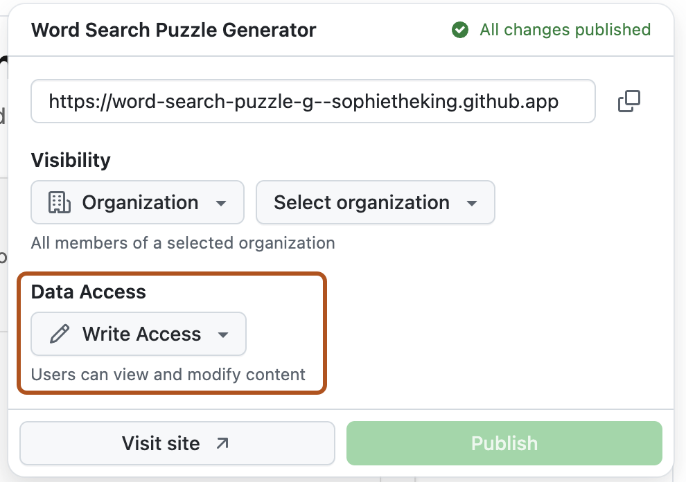 GitHub Spark 게시 메뉴의 스크린샷 "데이터 액세스" 표시 유형 옵션은 주황색으로 표시됩니다.