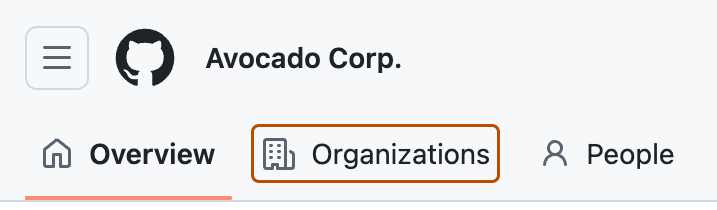 Screenshot eines Unternehmens. Die Registerkarte „Organizations“ ist orange umrandet.