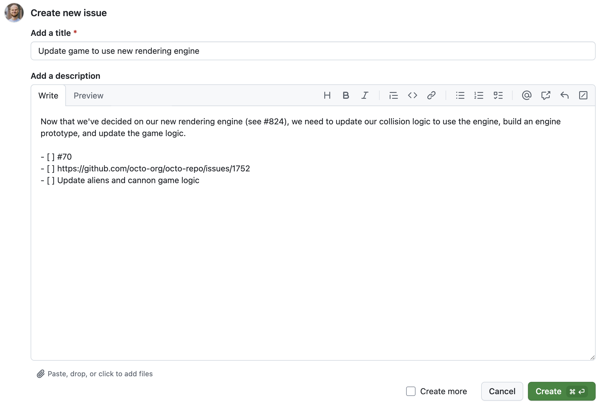 Captura de pantalla del nuevo formulario de problema, con el título y el cuerpo rellenados. El cuerpo incluye markdown para una lista de tareas.
