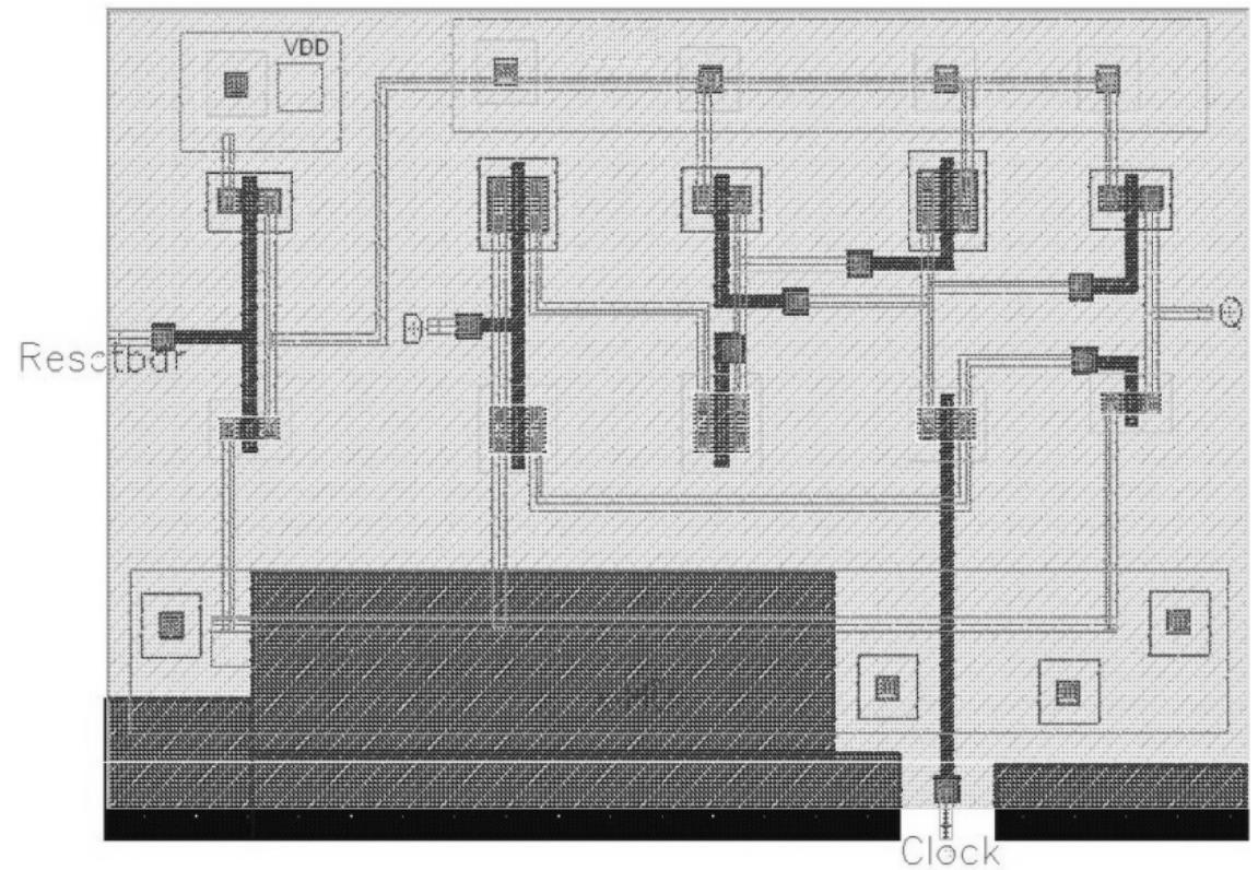 spike due to the existence of the capacitors and resistors in the layout extraction.  Figure 5. 20: Proposed low power latch layout with reset.  seen that the output matches our result in figure 5.18 and there exists small amount of 