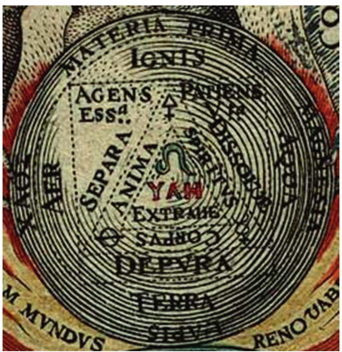 is emphasized by the words (in green): “Linea viridis Cabalistarum girans universum” (“The Green Line of the Cabalists encircling the universe”).*! These geometries and key terms are echoed in Theosophical Figure 3 (Fig. 4.5), in which the Hermaphrodite is a Rebis, literally ves bina (a “two- thing”); holding the circular Philosophers’ Stone (Fig. 4.10). Inscribed within the Stone we see yet again a square, containing a triangle: the four elements and three principles of life, which have identical placements to those in Theosophical Figure 2. 