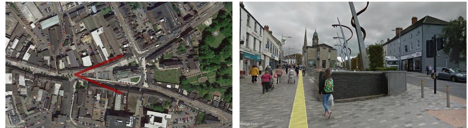 3.2 INFLUENCE OF AXIAL URBAN FABRIC  }- The buildings along Bow Street have tightened up creating a greater sense of enclosure, whilst the shifting angle gives glimpses down the street frontage.  Lisburn city centre encompasses numerous axial streets that are perceived as dominant solid masses at both sides of these streets. The verticality of these masses encourages slow pedestrian movement that helps in efficient spatial knowledge of these streets. For example, the city council plans to enhance the building heights in order to create hierarchical compositions that accentuate more the axially of this street. Moreover, the Market square represents an Axial node that orients the pedestrians from one street towards two streets or vice versa as shown in figure 15.  +- Moving further down Bow Street, we come to a decision point due to the emergence of a key corner building which splits the route. 
