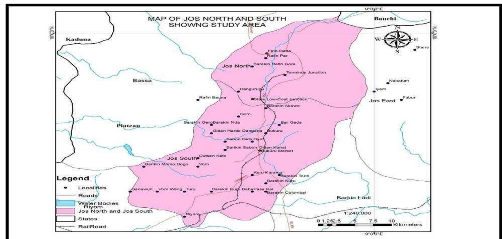 Figure 3: Map of Jos North and Jos South showing study areas Source: Author’s Field Survey (2021) 