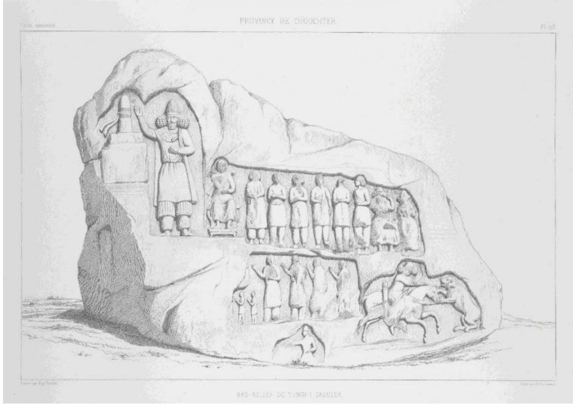 Figure 3. Relief at Tang-e Sarvak Rock II, Iran, drawn by E. Flandin from Flandin and Coste, Voyage en Perse, vol. 4, pl. 242. Image in the public domain. 