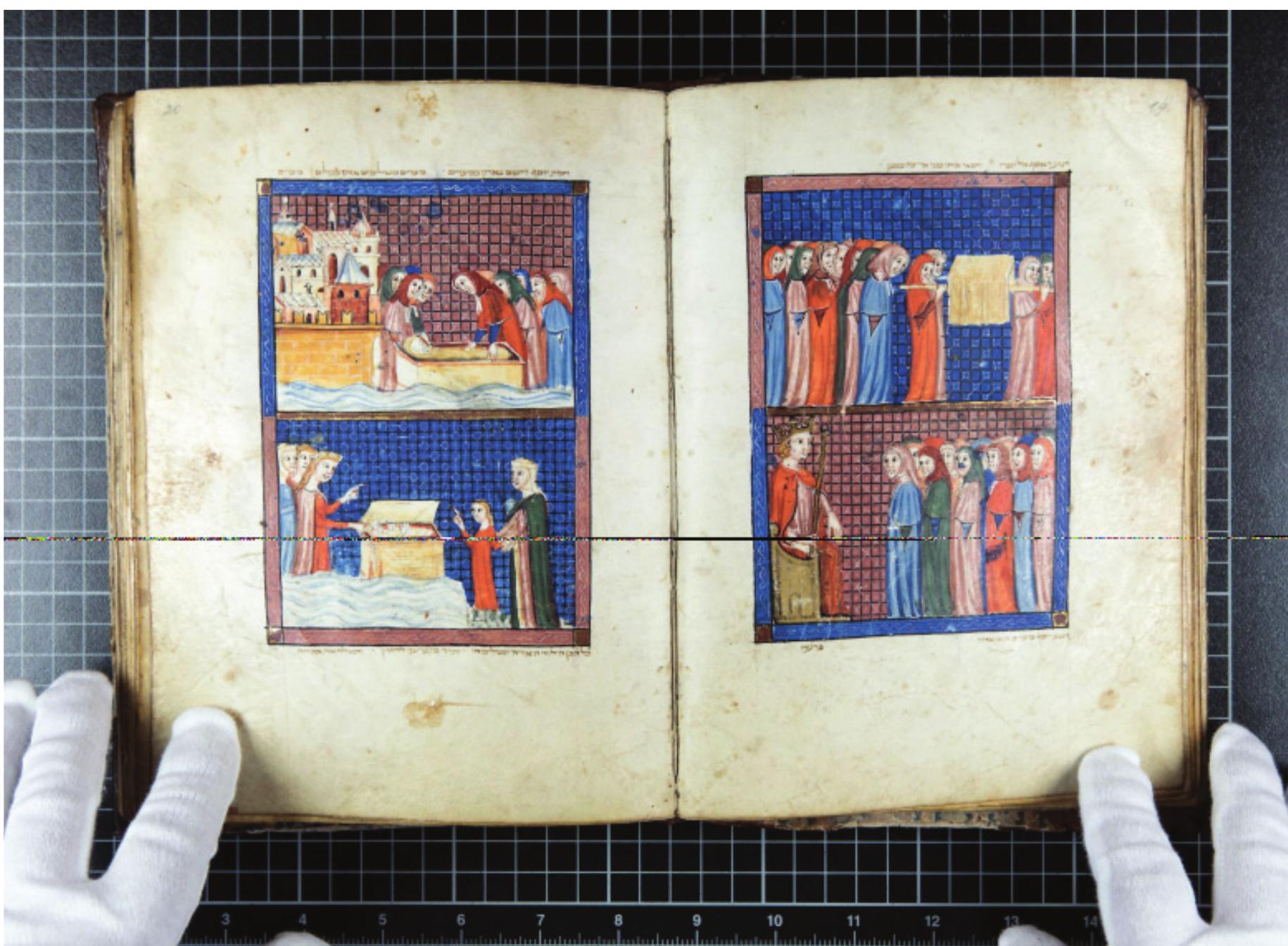 Sarajevska hagada/Sarajevo Haggadah Photo Zemljaski muzej BiH/National Museum of BiH  prikazano stvaranje svijeta, egipatsko ropstvo, izlazak iz Egipta pod Mojsijevim vodstvom i dalje, sve do rukopolaganja JhoSue, sina Nuhovog, dok posljednje €etiri minijature predstavljaju izuzetak usmislu da nemaju direktan bibilijski karakter. Na  slavery in Egypt, exodus from Egypt under Moses leadership, and beyond, all the way to ordination of Joshua, son of Noah, while the last four minia- tures are an exception in the sense that they have no direct biblical character. The text of Haggadah 