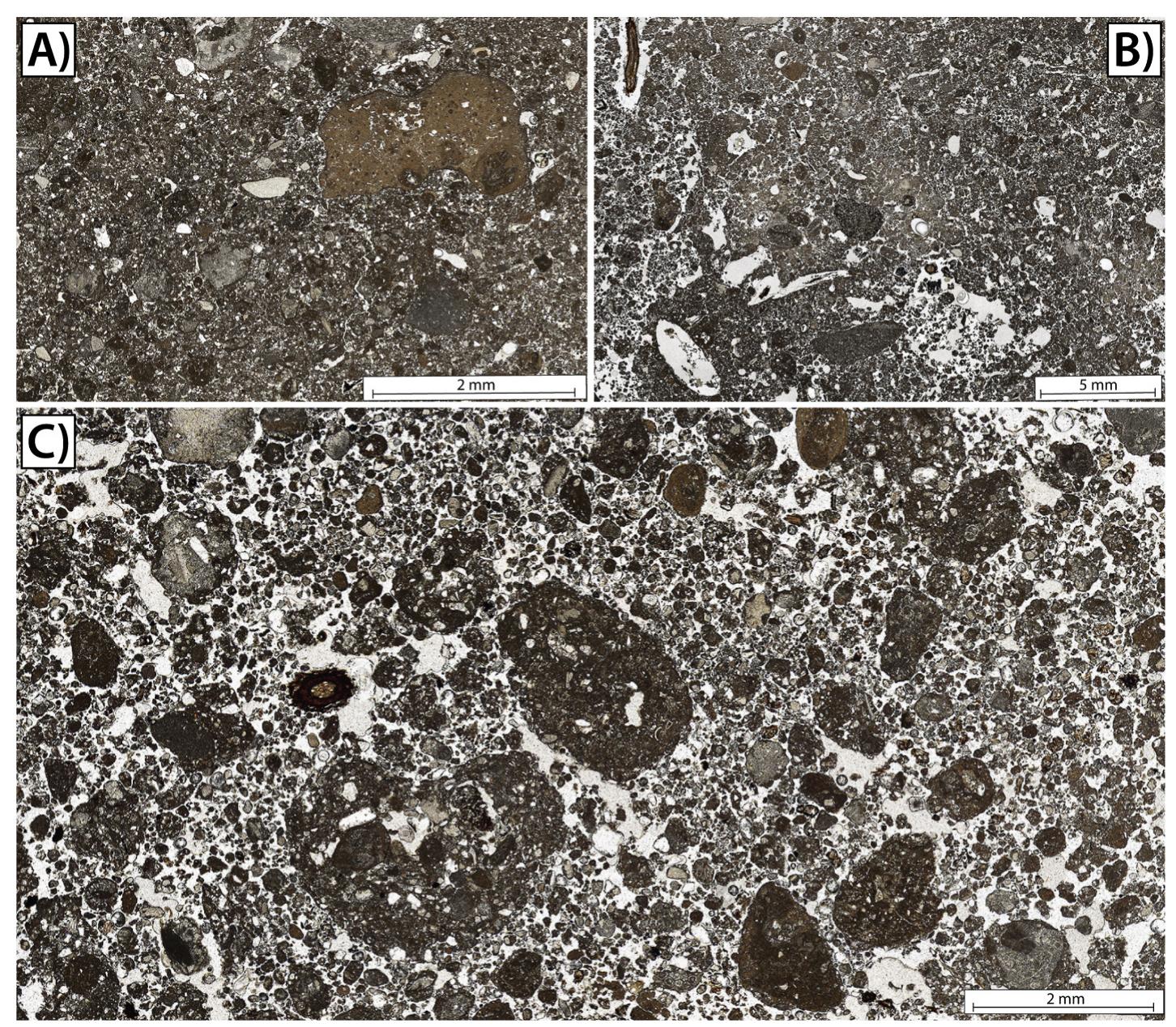Fig. 6. Micromorphological features of the soils sealing the terraces. A) Bw horizon of the terrace 1, B) Bw horizon of the terrace 2; C) Ap horizon of the terrace 1. 