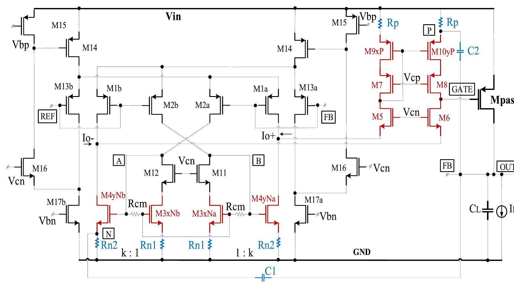 FIGURE 5. Proposed transistor-level implementation of the LDO topology introduced in Fig. 2. Only passive components Rn, Rp and C1, C2 are added to the OTA shown in Fig. 4, while transistors M3-M10 have dual-use. 