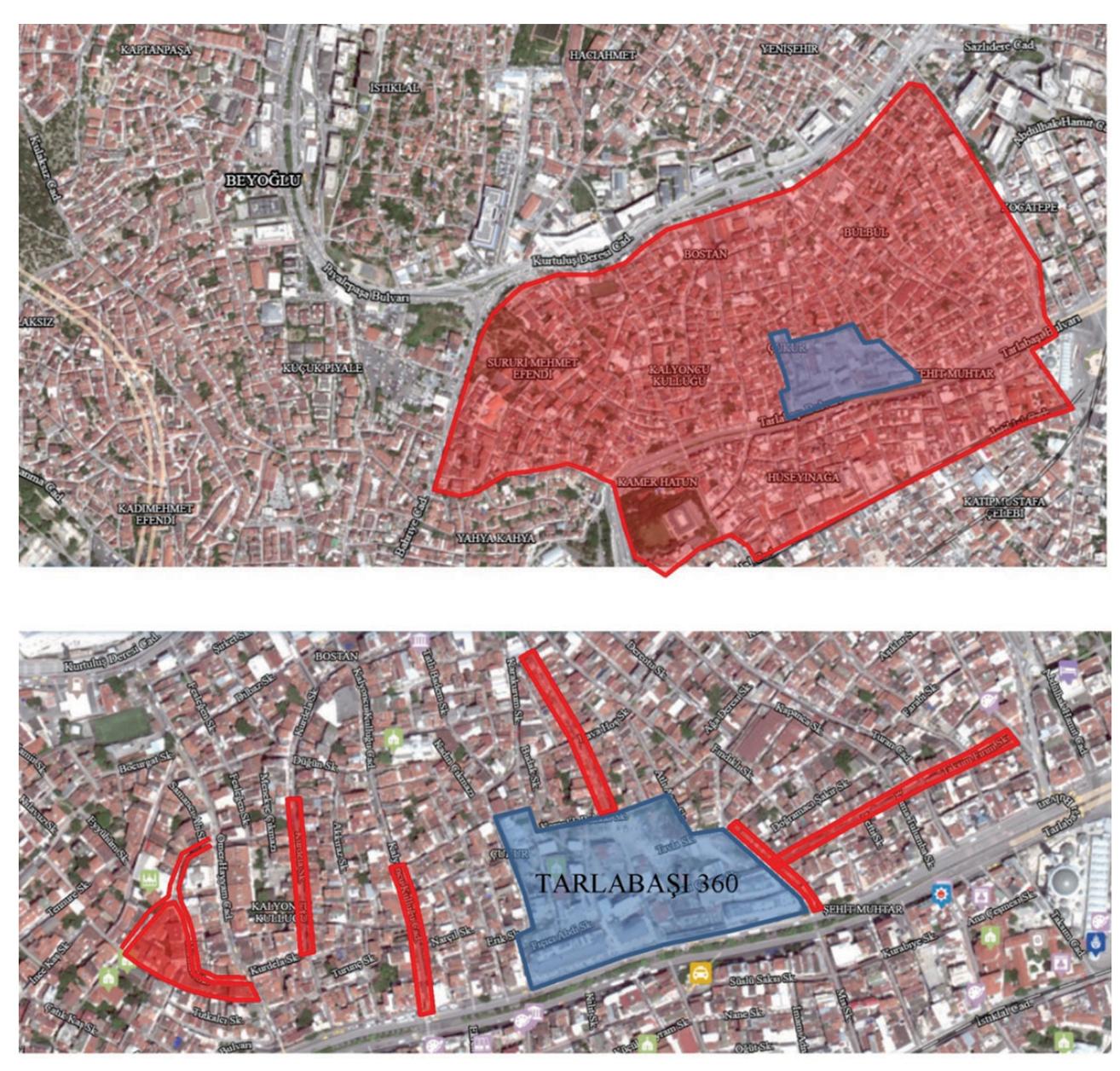 Figure 2. The working area in Tarlabasi, showing the boundaries of the Taksim 360 project (above); a close-up map depicting the surveyed streets marked in red (below; July 2021). 