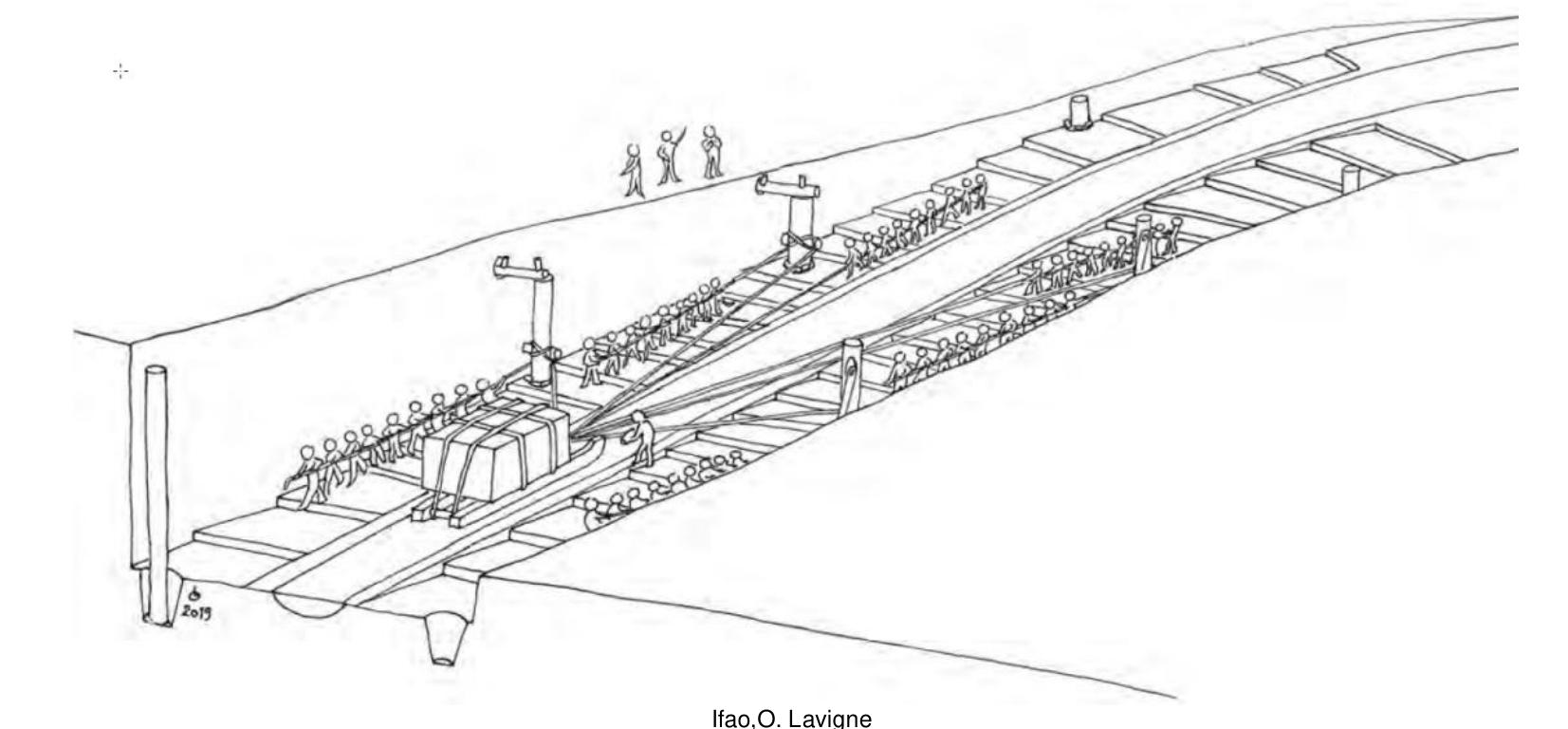 Preliminary synthetic view of the Hatnub hauling system proposed by the author of the documents mentioned.
