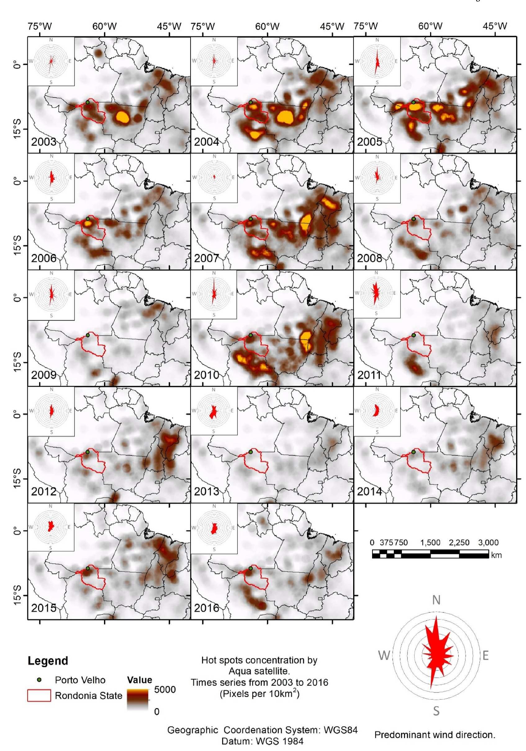 Fig. 7. Hotspots (pixels per 10 km?) in South America as identified by the Aqua satellite during July, August, and September 2003-2016. The wind roses in each panel show predominant wind direction in each year, and the largest wind rose in legend summarize them during the 2003-2016 period. 